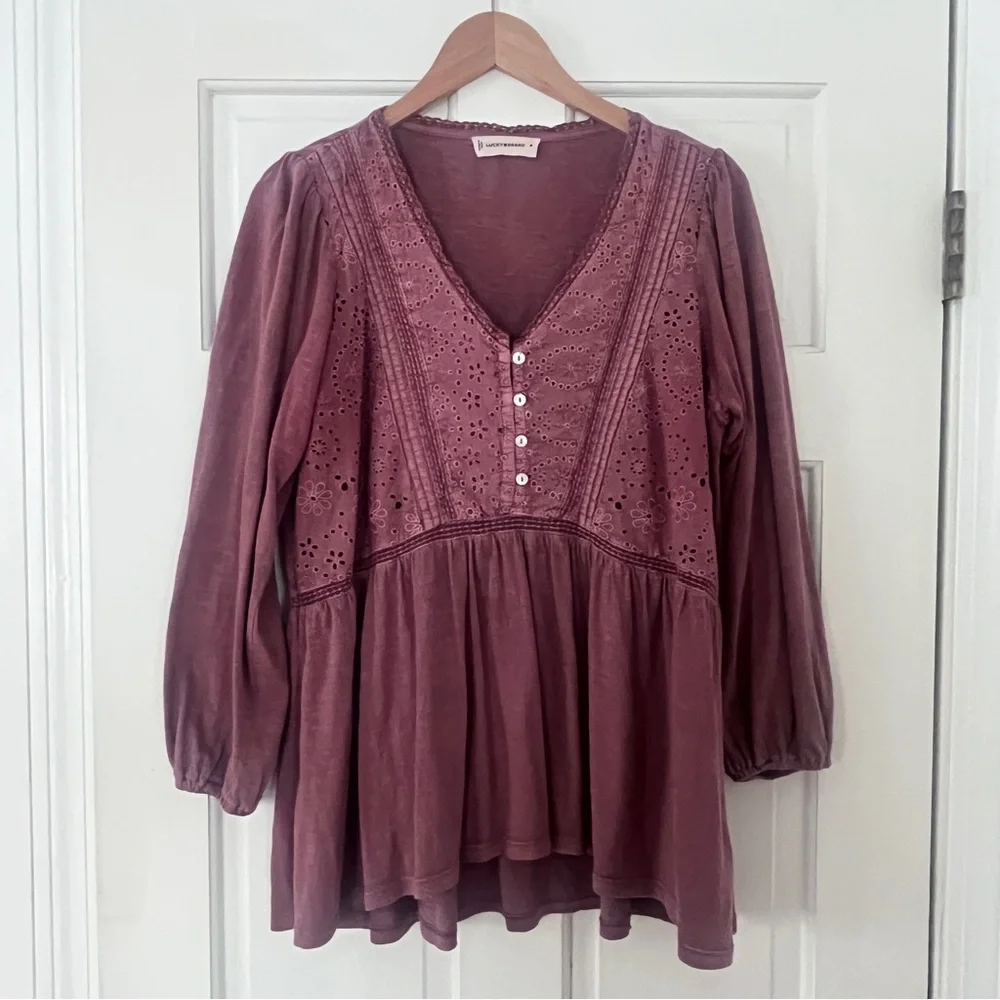 Lucky Brand Dusty Rose Eyelet Peasant Top Medium - Picture 4 of 9